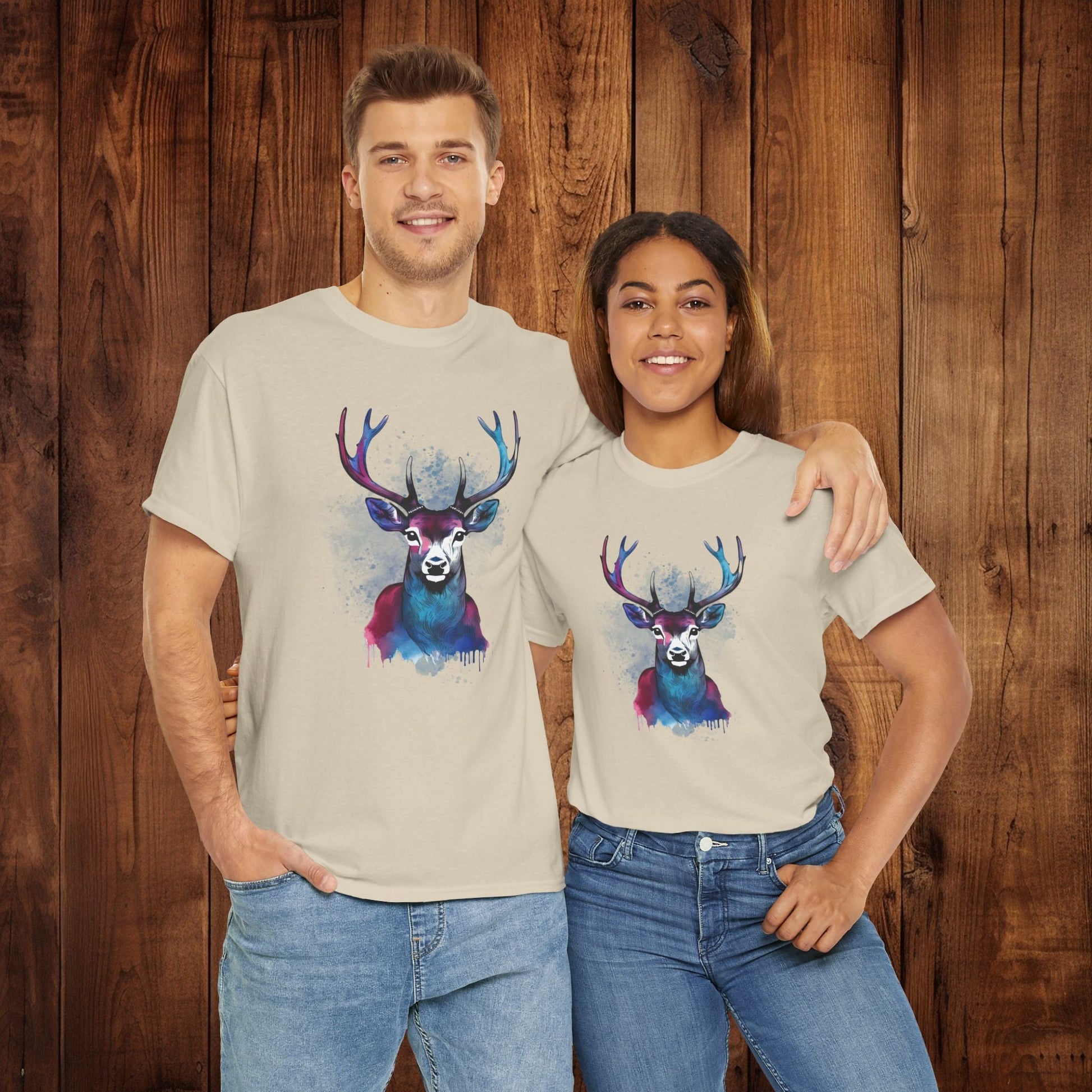 Watercolor Deer Artistic Tee, Nature Lover's T-shirt, Stylized Deer Head Shirt, Wildlife Graphic Tee, Vibrant Blue Purple Tee, Casual - EternalAscension