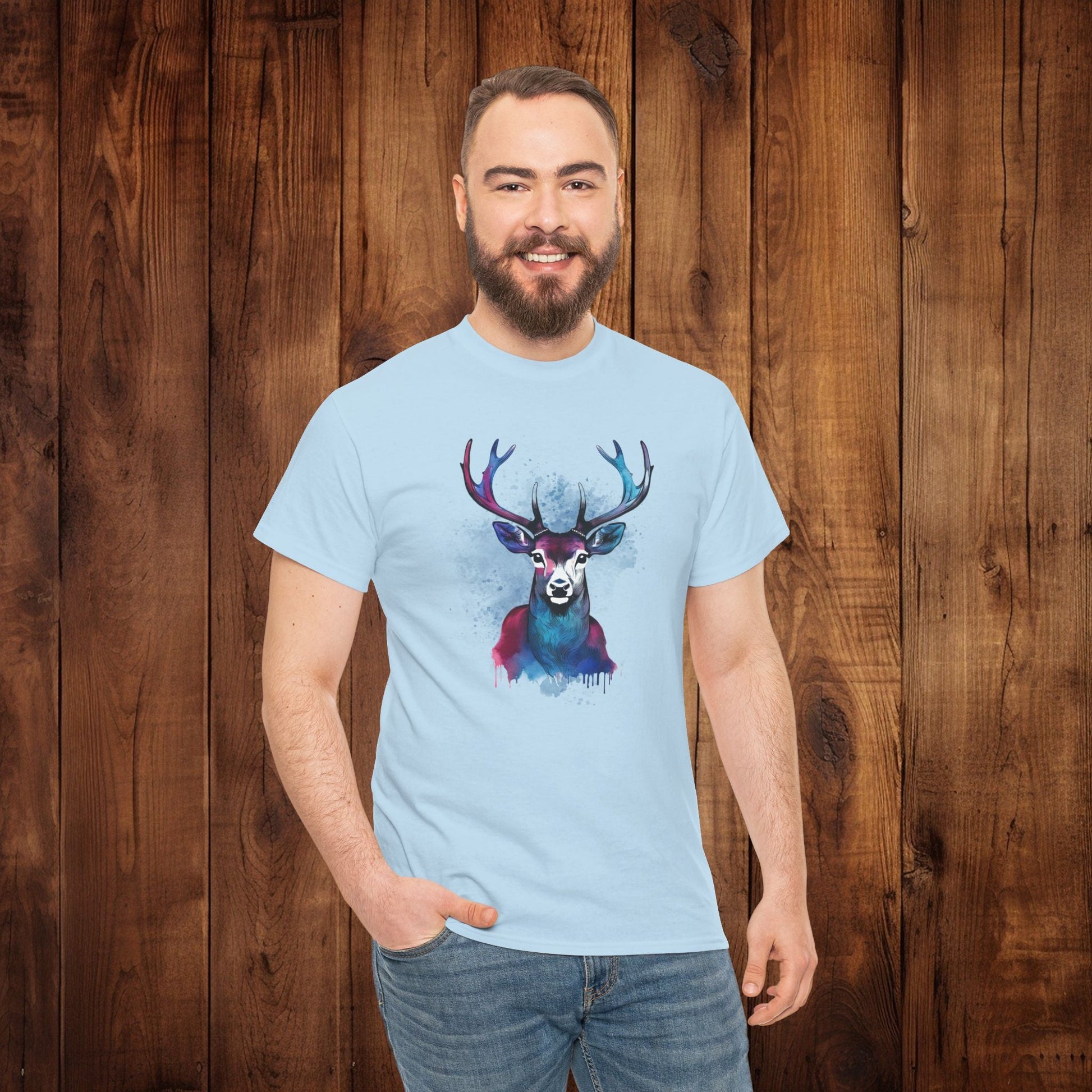 Watercolor Deer Artistic Tee, Nature Lover's T-shirt, Stylized Deer Head Shirt, Wildlife Graphic Tee, Vibrant Blue Purple Tee, Casual - EternalAscension