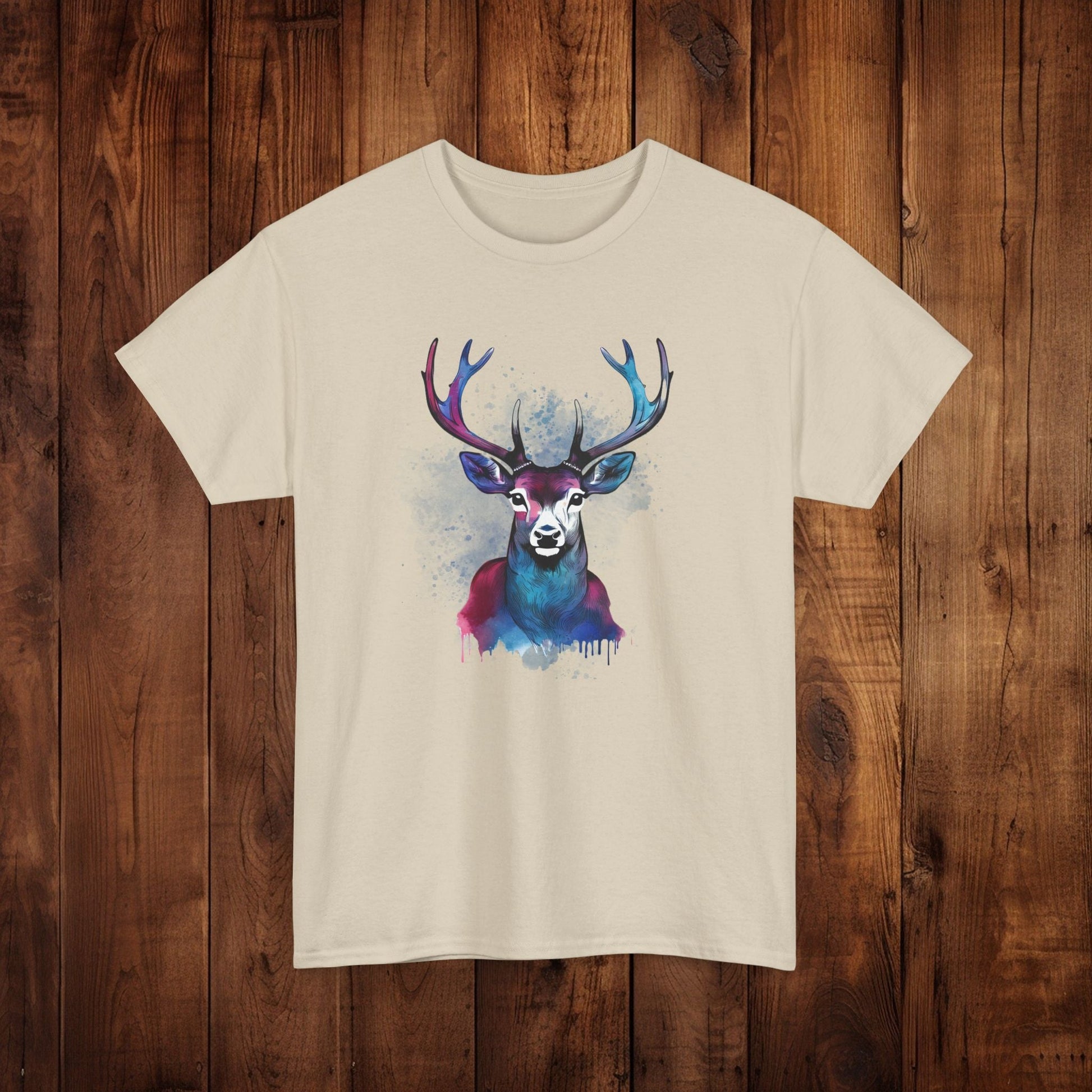 Watercolor Deer Artistic Tee, Nature Lover's T-shirt, Stylized Deer Head Shirt, Wildlife Graphic Tee, Vibrant Blue Purple Tee, Casual - EternalAscension