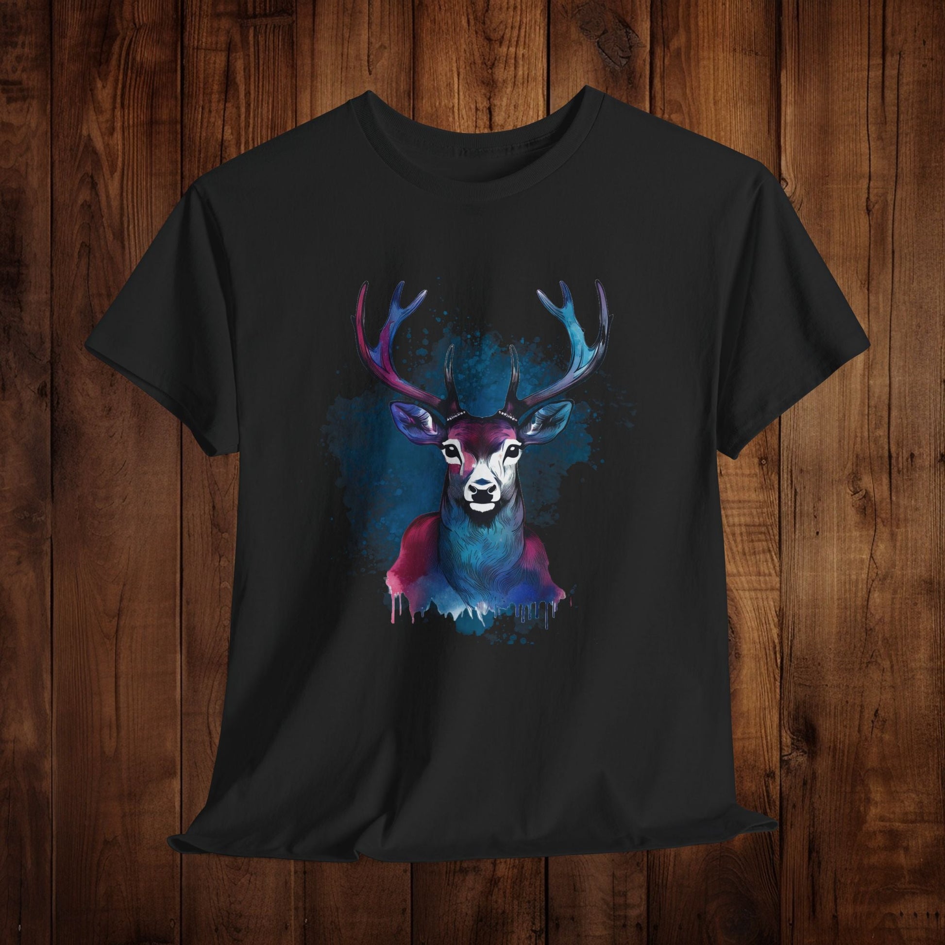 Watercolor Deer Artistic Tee, Nature Lover's T-shirt, Stylized Deer Head Shirt, Wildlife Graphic Tee, Vibrant Blue Purple Tee, Casual - EternalAscension
