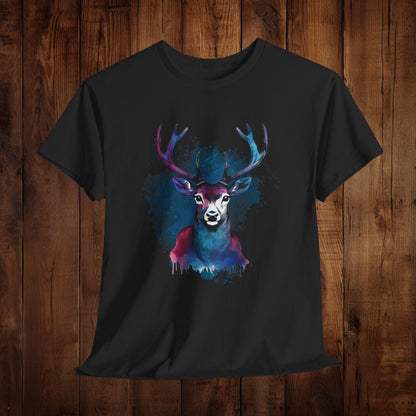 Watercolor Deer Artistic Tee, Nature Lover's T-shirt, Stylized Deer Head Shirt, Wildlife Graphic Tee, Vibrant Blue Purple Tee, Casual - EternalAscension
