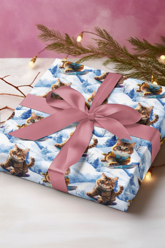 Winter Adventure Cats Wrapping Paper, Christmas Gift Wrap, Cat Lover Birthday Present, Festive Holiday Packaging, Snowboarder Cat Print - EternalAscension