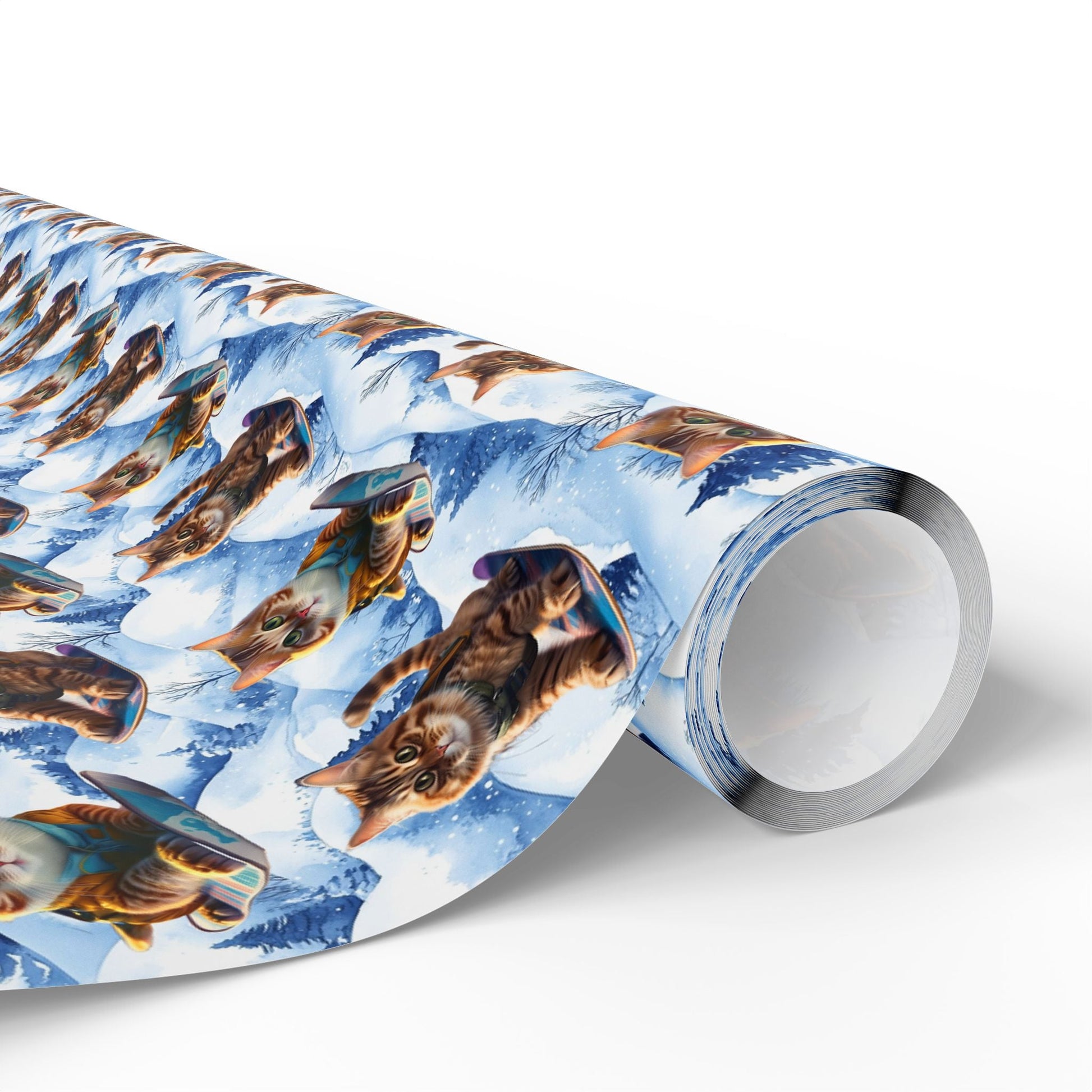 Winter Adventure Cats Wrapping Paper, Christmas Gift Wrap, Cat Lover Birthday Present, Festive Holiday Packaging, Snowboarder Cat Print - EternalAscension