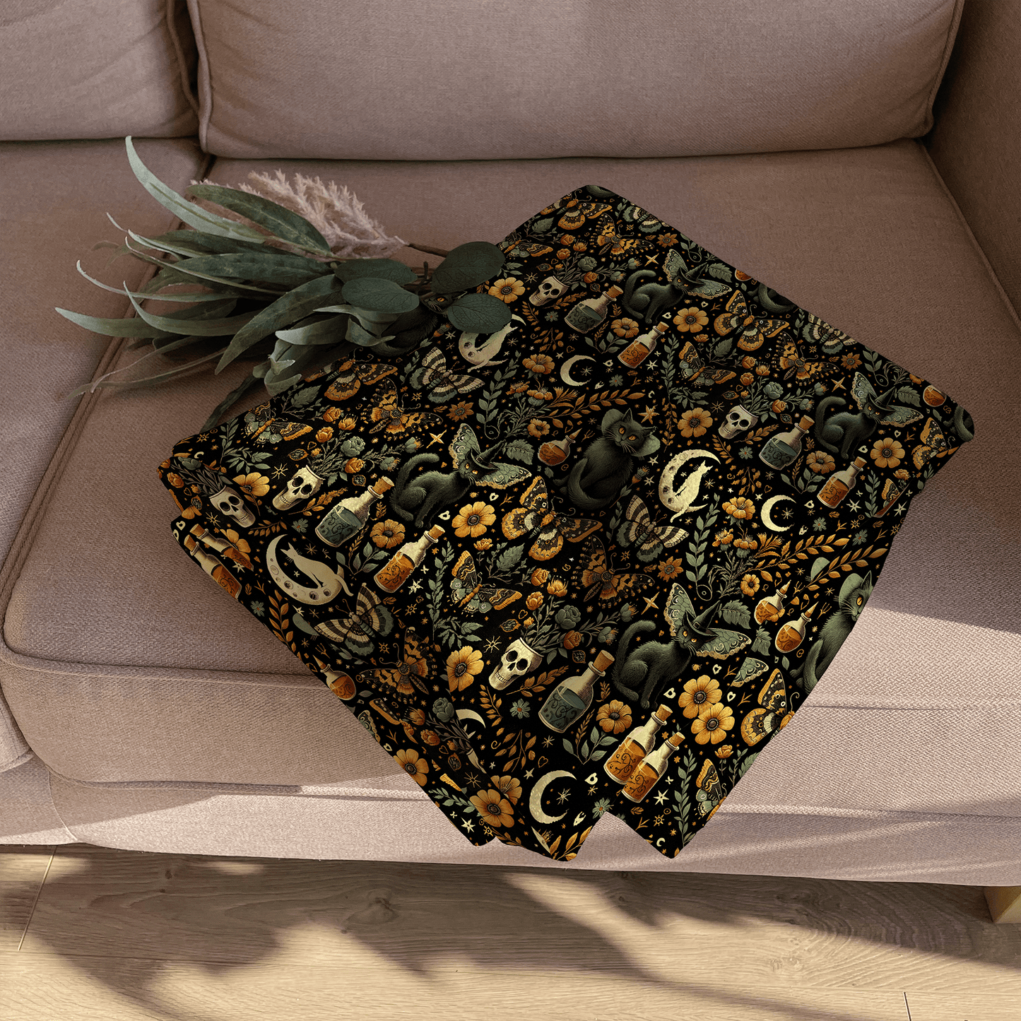 Witchy Cat Velveteen Throw Blanket - Cozy Home Decor for Gothic, Halloween Gift, Apothecary Pattern, Spiritual, Soft - Touch, Fall Gifting - EternalAscension