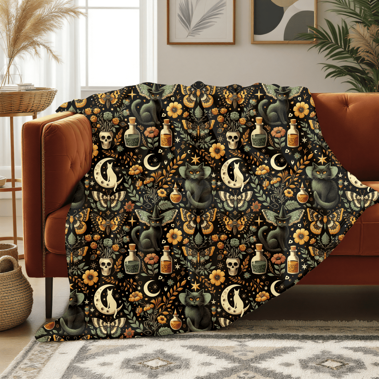 Witchy Cat Velveteen Throw Blanket - Cozy Home Decor for Gothic, Halloween Gift, Apothecary Pattern, Spiritual, Soft - Touch, Fall Gifting - EternalAscension