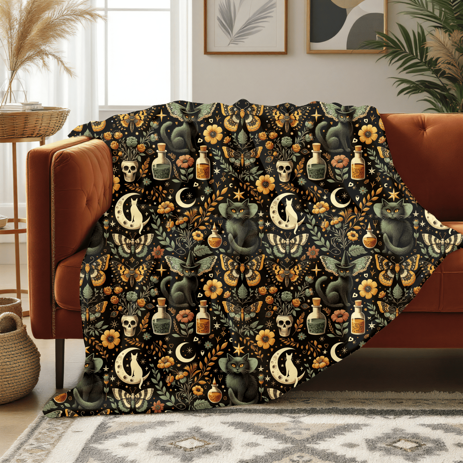 Witchy Cat Velveteen Throw Blanket - Cozy Home Decor for Gothic, Halloween Gift, Apothecary Pattern, Spiritual, Soft - Touch, Fall Gifting - EternalAscension