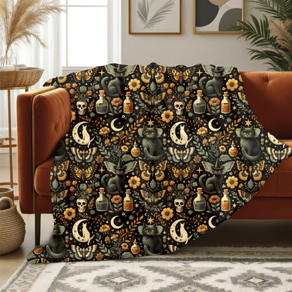Witchy Cat Velveteen Throw Blanket - Cozy Home Decor for Gothic, Halloween Gift, Apothecary Pattern, Spiritual, Soft - Touch, Fall Gifting - EternalAscension