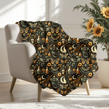 Witchy Cat Velveteen Throw Blanket - Cozy Home Decor for Gothic, Halloween Gift, Apothecary Pattern, Spiritual, Soft - Touch, Fall Gifting - EternalAscension