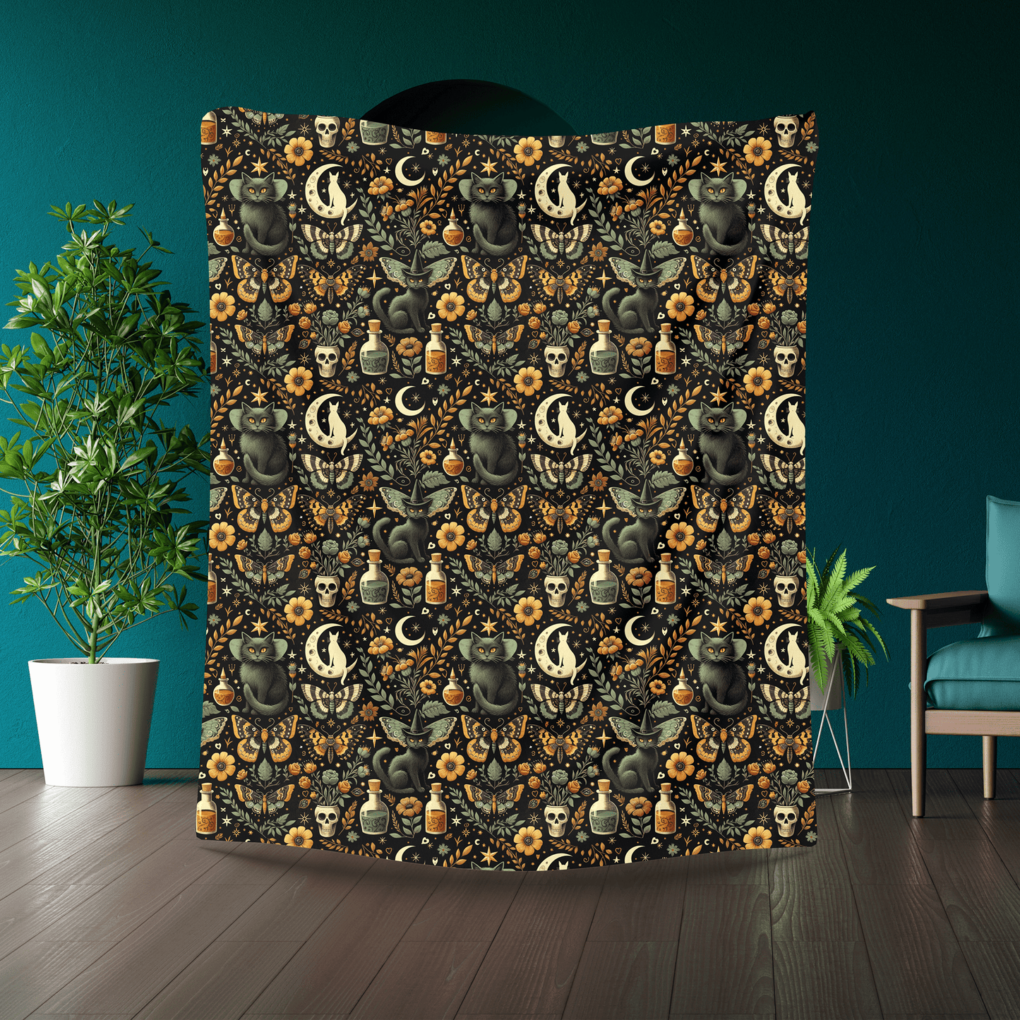 Witchy Cat Velveteen Throw Blanket - Cozy Home Decor for Gothic, Halloween Gift, Apothecary Pattern, Spiritual, Soft - Touch, Fall Gifting - EternalAscension