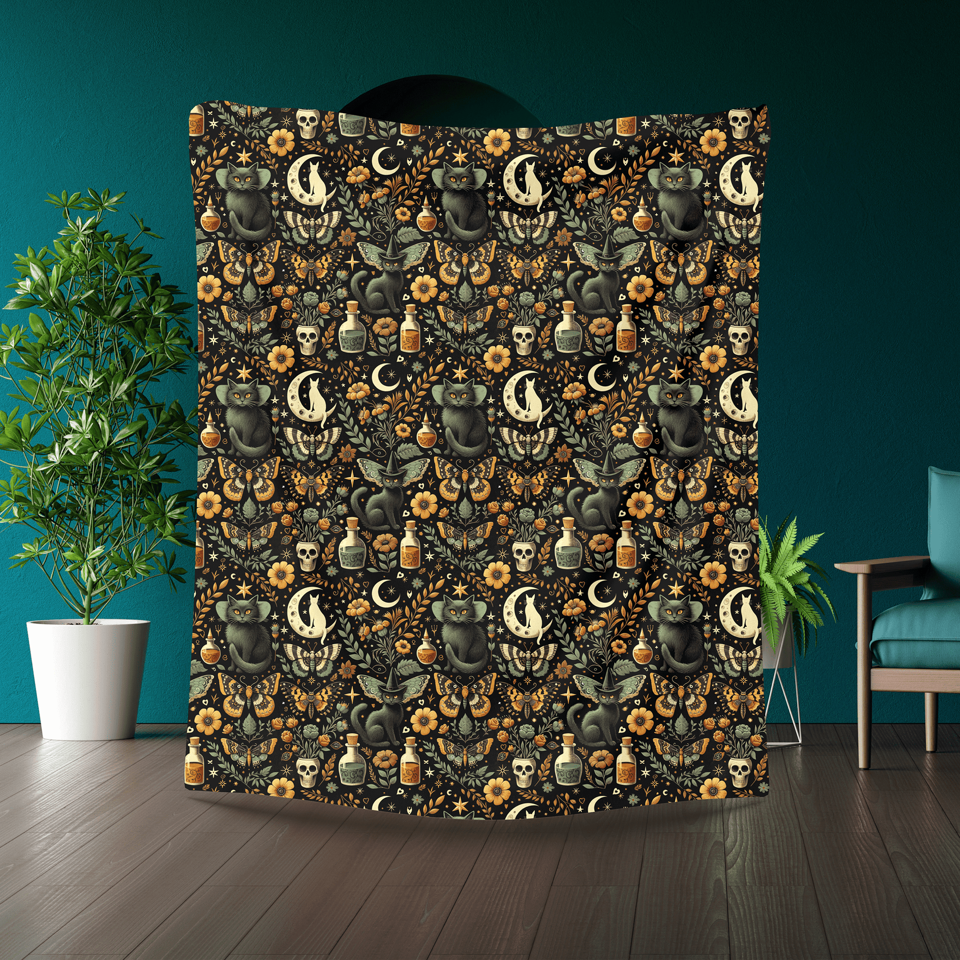 Witchy Cat Velveteen Throw Blanket - Cozy Home Decor for Gothic, Halloween Gift, Apothecary Pattern, Spiritual, Soft - Touch, Fall Gifting - EternalAscension
