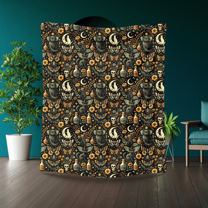 Witchy Cat Velveteen Throw Blanket - Cozy Home Decor for Gothic, Halloween Gift, Apothecary Pattern, Spiritual, Soft - Touch, Fall Gifting - EternalAscension