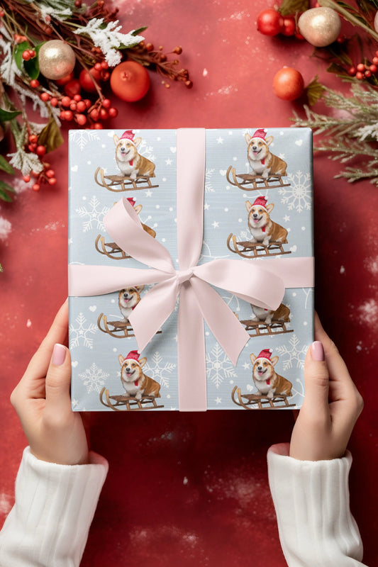 Wrapping Papers, Festive Corgi on Sled Holiday Gift Wrap, Christmas Corgis Roll Wrap, Winter Wonderland Wrapping Paper, Cute Dog Santa Hat - EternalAscension
